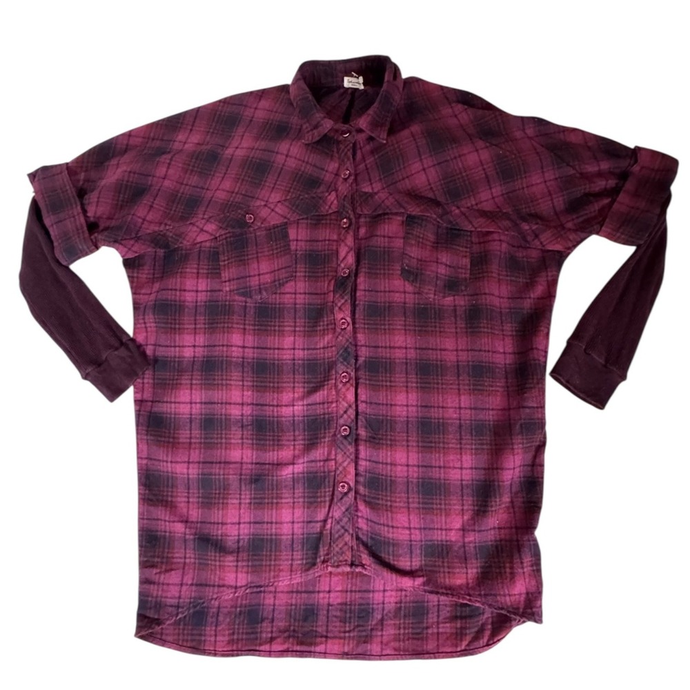 SPLENDID Purple Plaid Button Down Shirt with Thermal Sleeves Longline